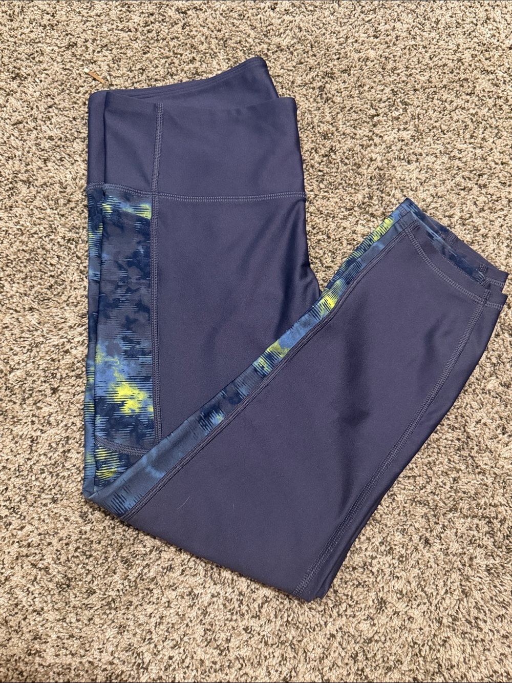 Under Armour Navy Leggings with Blue and Yellow Accent Panels